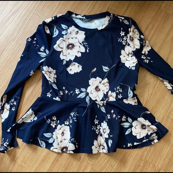 SHEIN Tops - SheIn Navy Floral Peplum Long Sleeve Top